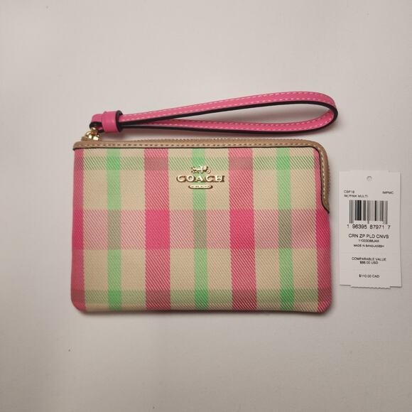 NWT Coach CBP18 Corner Zip Wristlet With Plaid IM/Pink Multi Gold Hardware - Picture 1 of 6